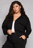 Womens Plus Size Fleece Cargo Pocket Zip Front Hoodie, Black, Size 2X
