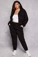 Womens Plus Size Fleece Cargo Pocket Zip Front Hoodie, Black, Size 2X