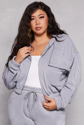 Womens Plus Size Fleece Cargo Pocket Zip Front Hoodie, Grey, Size 1X
