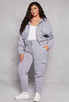 Womens Plus Size Fleece Cargo Pocket Zip Front Hoodie, Grey, Size 1X