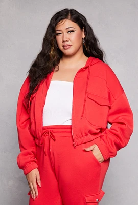 Womens Plus Size Fleece Cargo Pocket Zip Front Hoodie, Red, Size 1X
