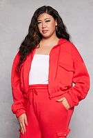 Womens Plus Size Fleece Cargo Pocket Zip Front Hoodie, Red, Size 1X