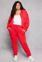Womens Plus Size Fleece Cargo Pocket Zip Front Hoodie, Red, Size 1X
