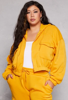 Womens Plus Size Fleece Cargo Pocket Zip Front Hoodie, Yellow, Size 1X