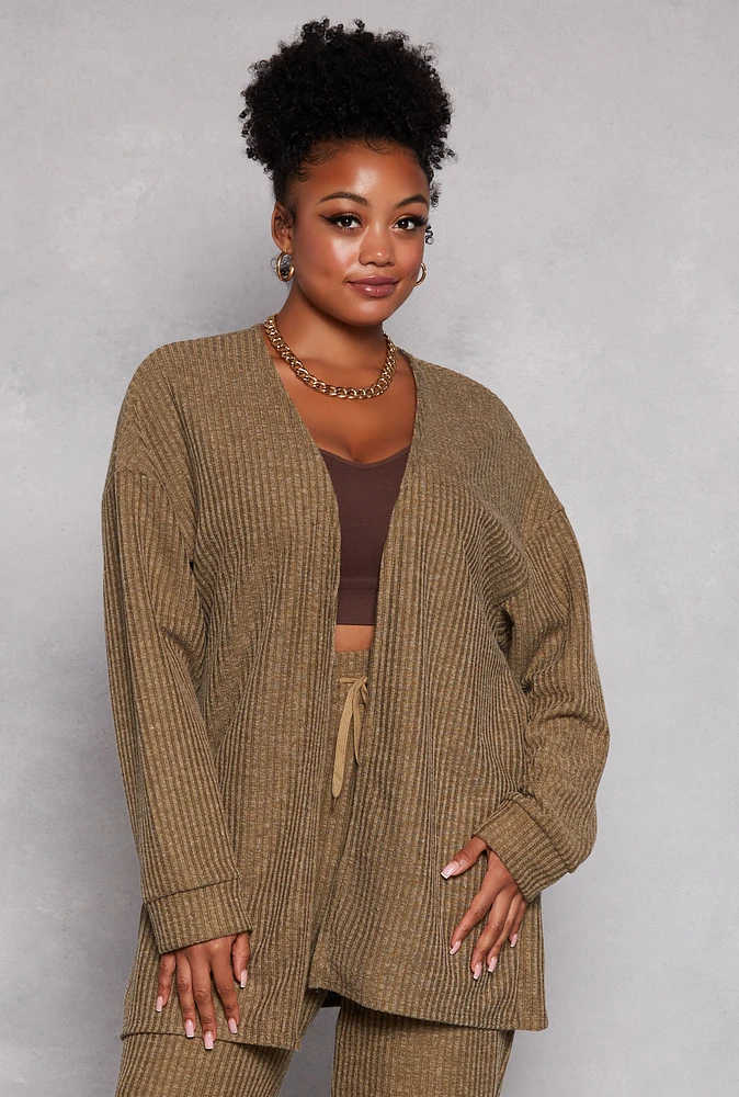 Womens Plus Size Ribbed Open Front Cardigan, Green, Size 2X
