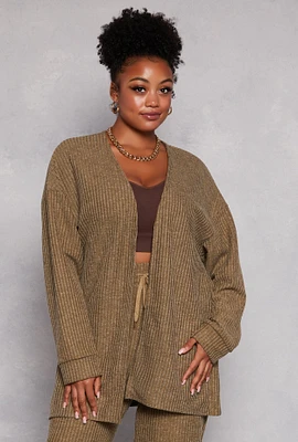 Womens Plus Size Ribbed Open Front Cardigan, Green, Size 2X