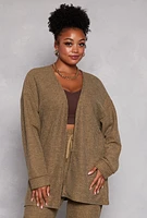 Womens Plus Size Ribbed Open Front Cardigan, Green, Size 2X