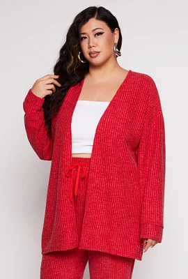 Womens Plus Size Ribbed Open Front Cardigan, Red, Size 1X