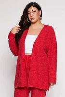 Womens Plus Size Ribbed Open Front Cardigan, Red, Size 1X