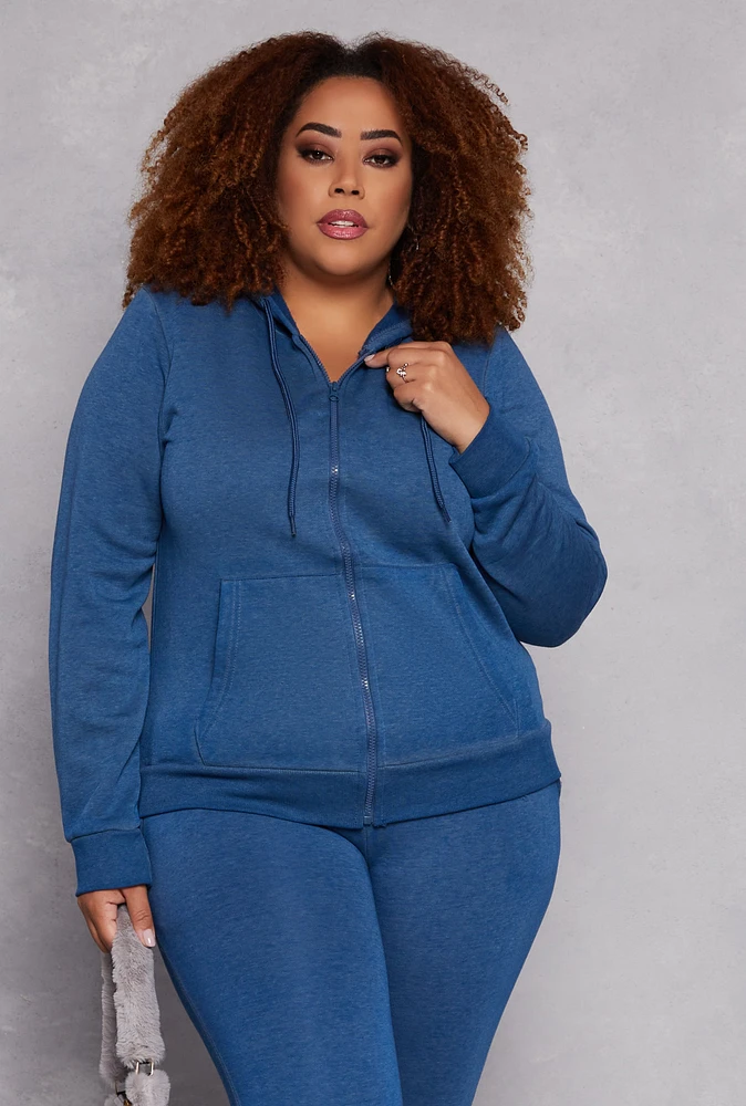 Womens Plus Size Fleece Zip Front Hoodie, Blue, Size 1X