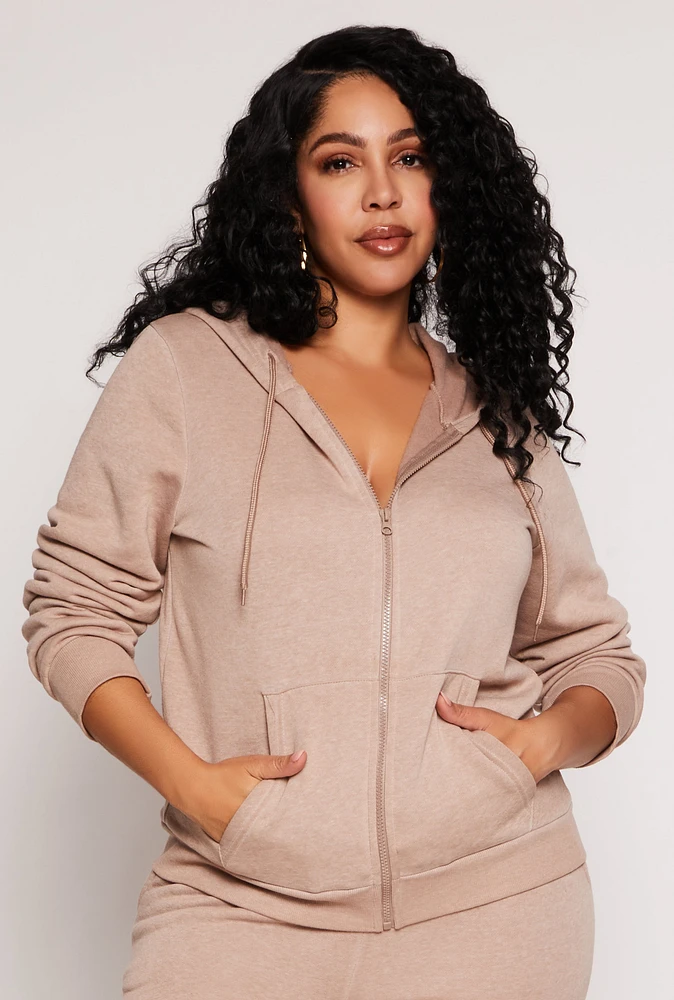 Womens Plus Size Fleece Zip Front Hoodie, Beige, Size 3X