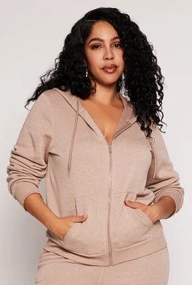 Womens Plus Size Fleece Zip Front Hoodie, Beige, Size 3X