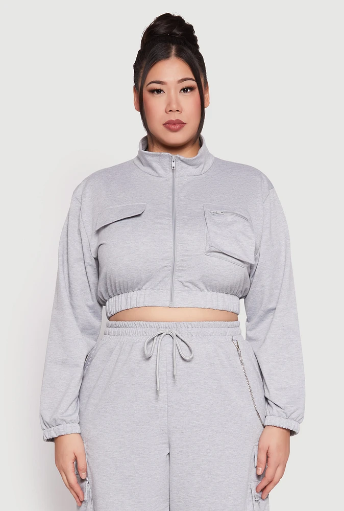 Womens Plus Size Zip Front Cropped Sweatshirt, Grey, Size 1X