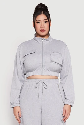 Womens Plus Size Zip Front Cropped Sweatshirt, Grey, Size 1X