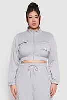 Womens Plus Size Zip Front Cropped Sweatshirt, Grey, Size 1X