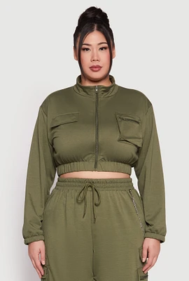 Womens Plus Zip Front Cropped Sweatshirt, Green,