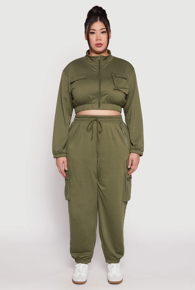 Womens Plus Size French Terry Chain Detail Cargo Joggers, Green, Size 3X