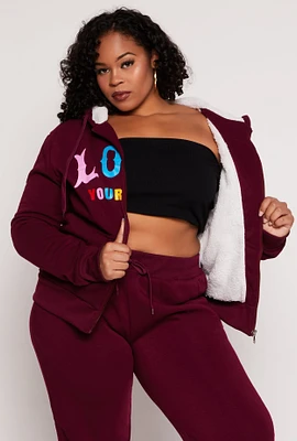 Womens Plus Size Love Yourself Zip Front Hoodie, Burgundy, Size 3X