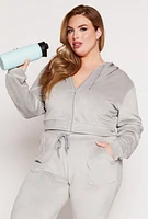 Womens Plus Size Velour Zip Front Hooded Crop Top, Grey, Size 3X
