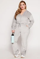 Womens Plus Size Velour Zip Front Hooded Crop Top, Grey, Size 3X
