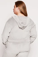 Womens Plus Size Velour Zip Front Hooded Crop Top, Grey, Size 2X