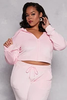 Womens Plus Size Velour Zip Front Hooded Crop Top, Pink, Size 2X