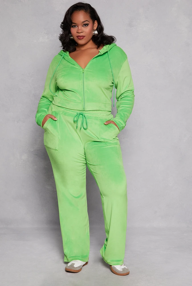 Womens Plus Size Velour Drawstring Straight Leg Pants, Green, Size 1X