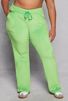 Womens Plus Size Velour Drawstring Straight Leg Pants, Green, Size 1X