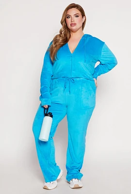 Womens Plus Velour Drawstring Straight Leg Pants, Blue,