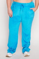 Womens Plus Velour Drawstring Straight Leg Pants, Blue,