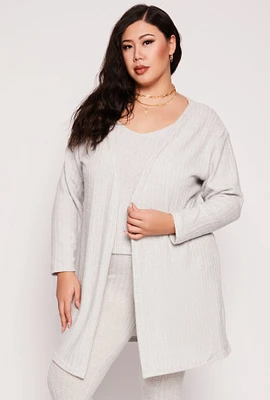 Womens Plus Size Brushed Ribbed Knit Long Cardigan, Grey, Size 2X