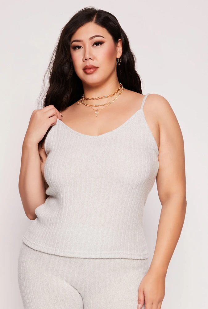 Womens Plus Size Brushed Ribbed Knit Cami, Grey, Size 1X