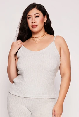 Womens Plus Size Brushed Ribbed Knit Cami, Grey, Size 1X