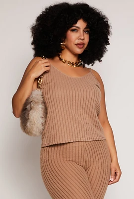 Womens Plus Size Brushed Ribbed Knit Cami, Brown, Size 2X