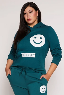 Womens Plus Size Smile To Be Happy Hoodie, Green, Size 1X