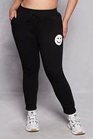 Womens Plus Size Smile Face Graphic Joggers, Black, Size 1X