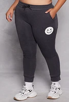 Womens Plus Size Smile Face Graphic Joggers, Grey, Size 1X