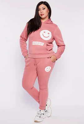 Womens Plus Smile Face Graphic Joggers, Pink,