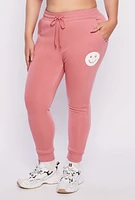 Womens Plus Smile Face Graphic Joggers, Pink,