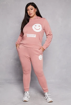 Womens Plus Smile Face Graphic Joggers, Pink,