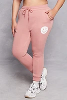 Womens Plus Size Smile Face Graphic Joggers, Pink, Size 2X