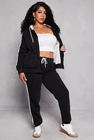 Womens Plus Size Varsity Stripe Zip Front Sherpa Lined Hoodie, Black, Size 2X