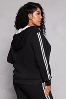 Womens Plus Size Varsity Stripe Zip Front Sherpa Lined Hoodie, Black, Size 2X