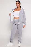 Womens Plus Size Varsity Stripe Zip Front Sherpa Lined Hoodie, Grey, Size 1X