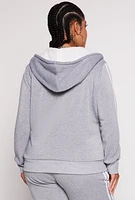 Womens Plus Size Varsity Stripe Zip Front Sherpa Lined Hoodie, Grey, Size 1X