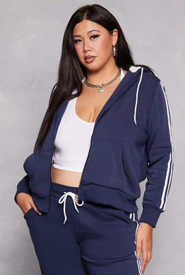 Womens Plus Size Varsity Stripe Zip Front Sherpa Lined Hoodie, Blue, Size 2X