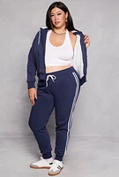 Womens Plus Size Varsity Stripe Zip Front Sherpa Lined Hoodie, Blue, Size 2X