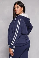 Womens Plus Size Varsity Stripe Zip Front Sherpa Lined Hoodie, Blue, Size 2X