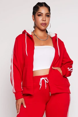 Womens Plus Size Varsity Stripe Zip Front Sherpa Lined Hoodie, Red, Size 1X
