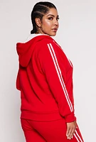 Womens Plus Size Varsity Stripe Zip Front Sherpa Lined Hoodie, Red, Size 1X